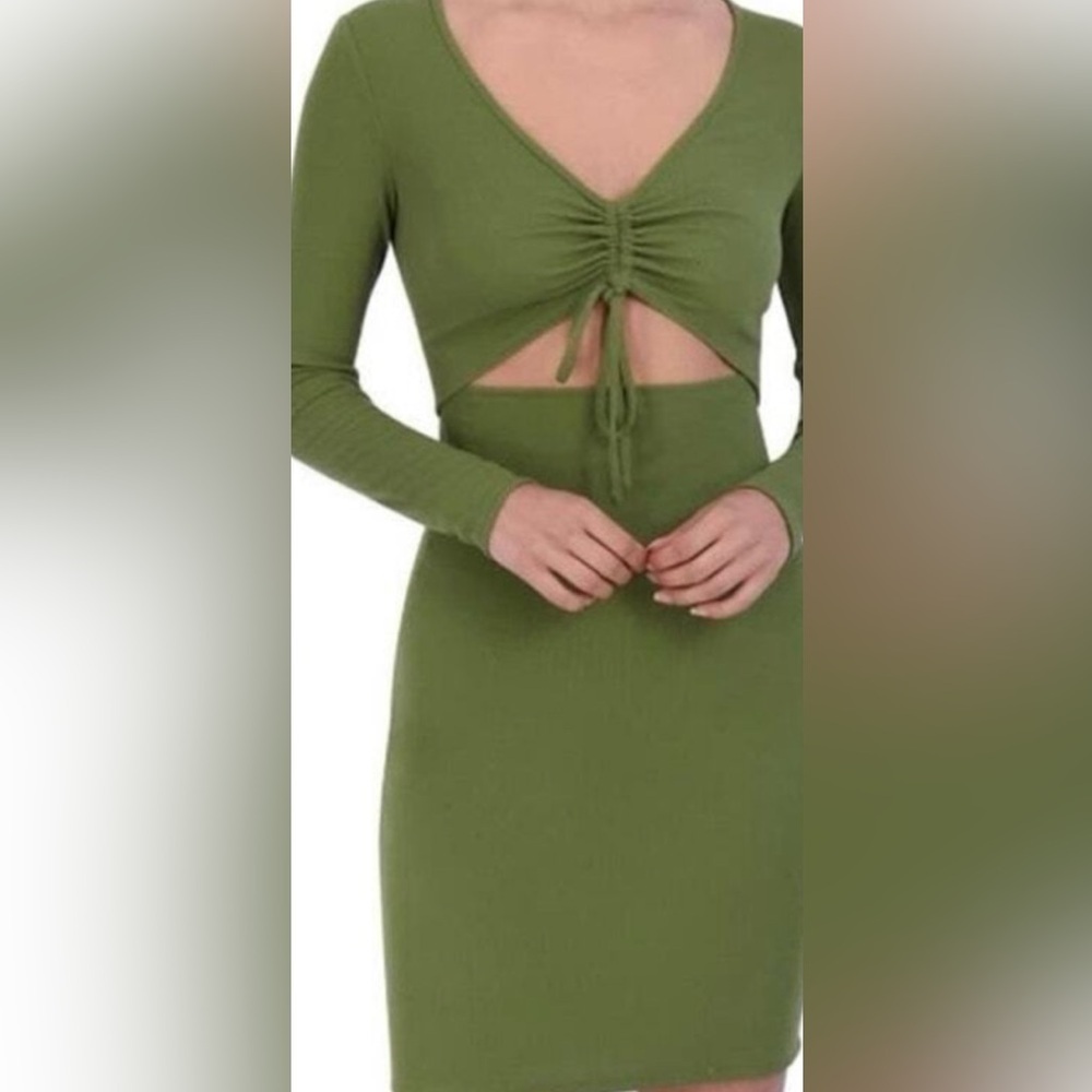 BCBG Paris Green Dress Cut Out With Tie Ribbed Knit Long Sleeves Bodycon M👍